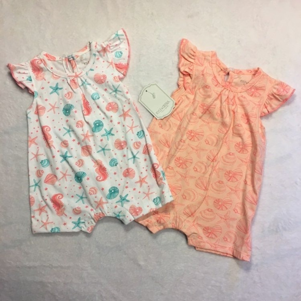Kyle & Deena Romper Set Baby Girls 3M Pink White New Sea Life Flutter Sleeve 2Pk